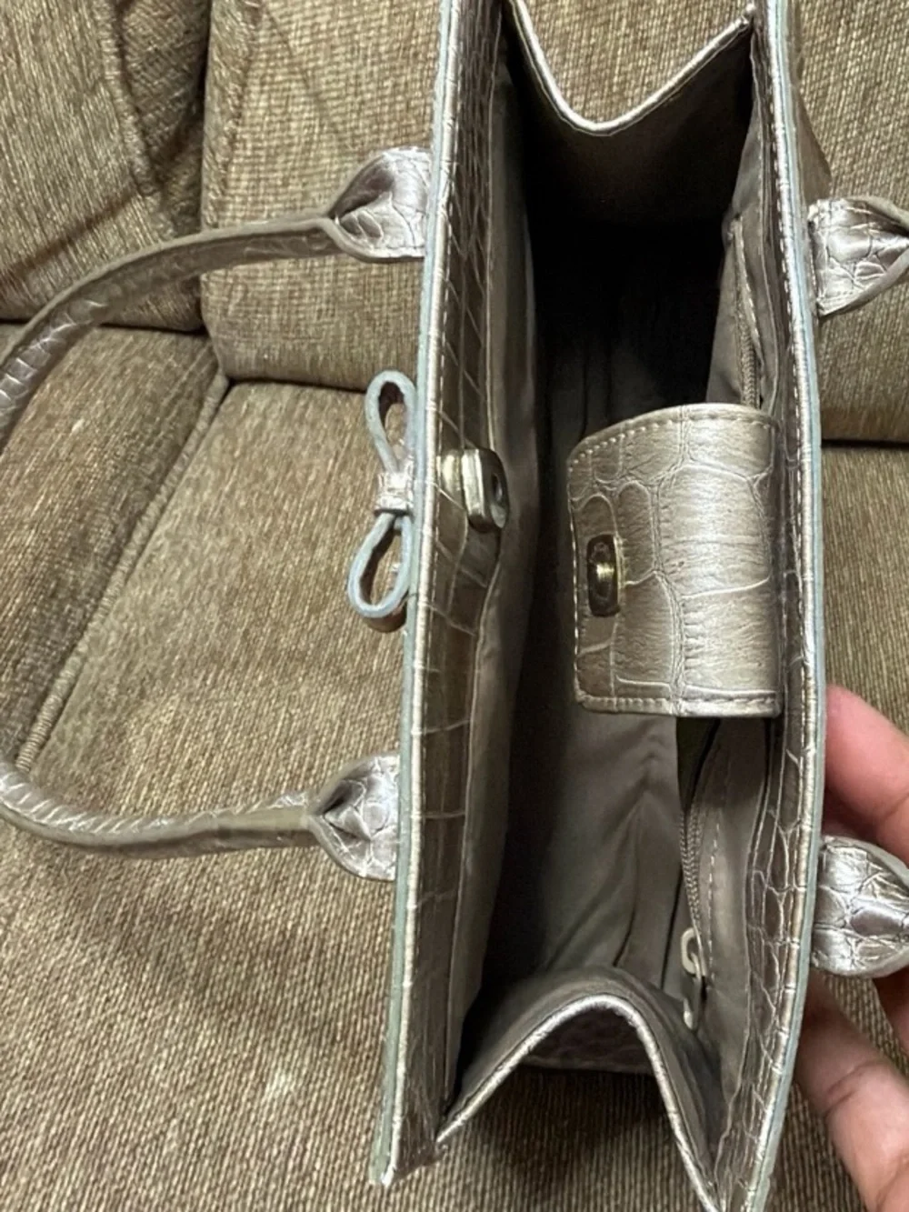Liz Claiborne Gray Metallic Taupe Faux Croc-Embossed Mini Satchel with Tassel